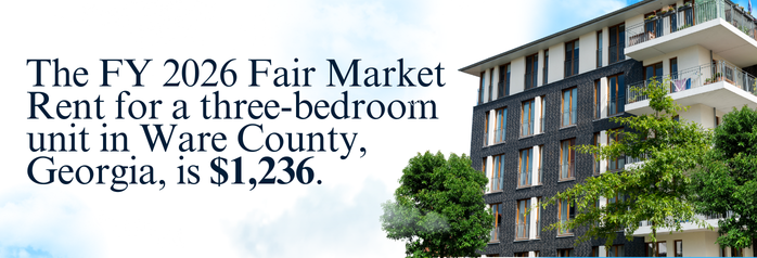 <p>The FY 2026 Fair Market Rent for a three-bedroom unit in Ware County, Georgia, is $1,236.</p>