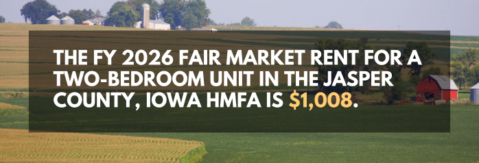 <p>The FY 2026 Fair Market Rent for a two-bedroom unit in the Jasper County, Iowa HMFA is $1,008.</p>