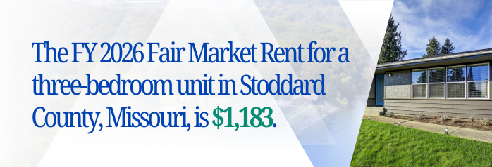 <p>The FY 2026 Fair Market Rent for a three-bedroom unit in Stoddard County, Missouri, is $1,183.</p>