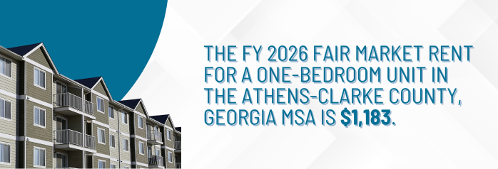 <p>The FY 2026 Fair Market Rent for a one-bedroom unit in the Athens-Clarke County, Georgia MSA is $1,183.</p>