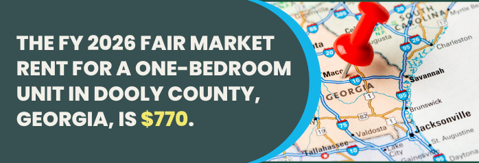 <p>The FY 2026 Fair Market Rent for a one-bedroom unit in Dooly County, Georgia, is $770.</p>