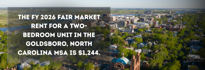 <p>The FY 2026 Fair Market Rent for a two-bedroom unit in the Goldsboro, North Carolina MSA is $1,244.</p>