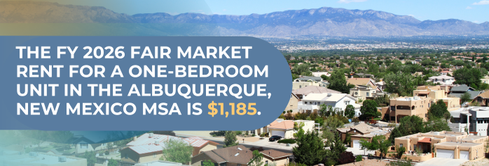 <p>The FY 2026 Fair Market Rent for a one-bedroom unit in the Albuquerque, New Mexico MSA is $1,185.</p>