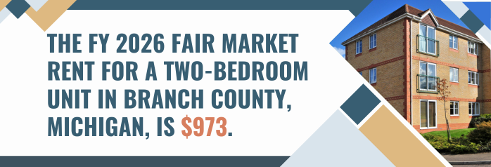 <p>The FY 2026 Fair Market Rent for a two-bedroom unit in Branch County, Michigan, is $973. </p>