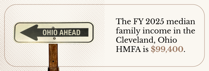 <p>The FY 2025 median family income in the Cleveland, Ohio HMFA is $99,400.</p>