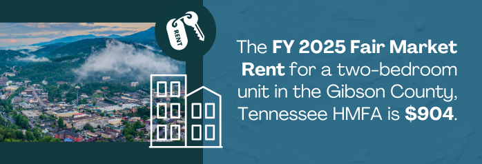 <p>The FY 2025 Fair Market Rent for a two-bedroom unit in the Gibson County, Tennessee HMFA is $904.</p>