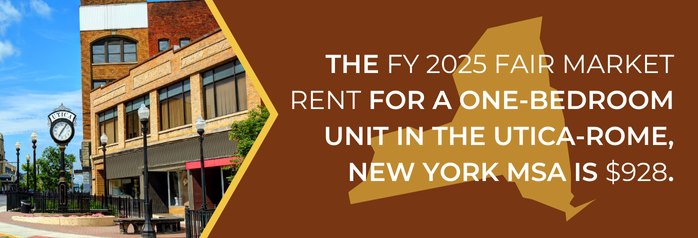 <p>The FY 2025 Fair Market Rent for a one-bedroom unit in the Utica-Rome, New York MSA is $928.</p>