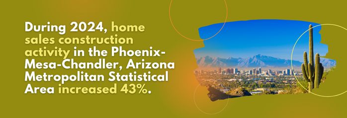 <p>During 2024, home sales construction activity in the Phoenix-Mesa-Chandler, Arizona Metropolitan Statistical Area increased 43 percent from 1 year prior to 31,050 homes permitted.</p>