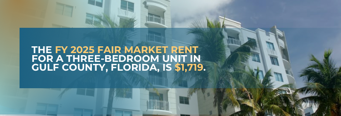 <p>The FY 2025 Fair Market Rent for a three-bedroom unit in Gulf County, Florida, is $1,719.</p>