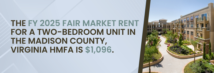 <p>The FY 2025 Fair Market Rent for a two-bedroom unit in the Madison County, Virginia HMFA is $1,096.</p>