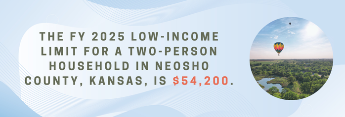 <p>The FY 2025 low-income limit for a two-person household in Neosho County, Kansas, is $54,200.</p>