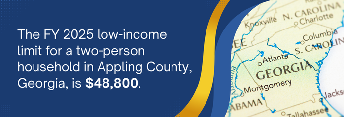 <p>The FY 2025 low-income limit for a two-person household in Appling County, Georgia, is $48,800.</p>