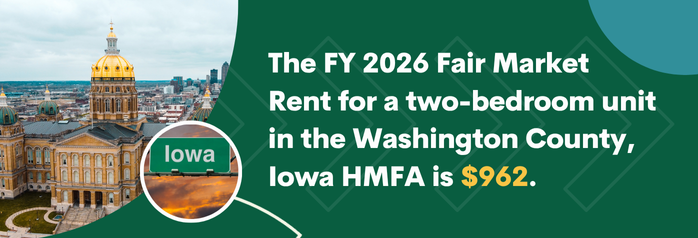 <p>The FY 2026 Fair Market Rent for a two-bedroom unit in the Washington County, Iowa HMFA is $962.</p>