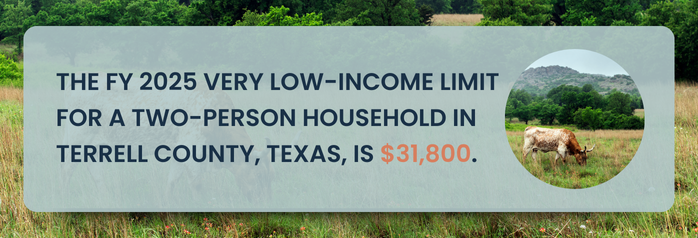 <p>The FY 2025 very low-income limit for a two-person household in Terrell County, Texas, is $31,800.</p>