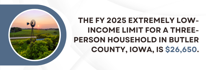 <p>The FY 2025 extremely low-income limit for a three-person household in Butler County, Iowa, is $26,650.</p>