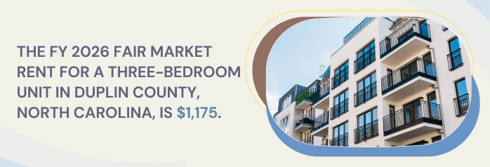 <p>The FY 2026 Fair Market Rent for a three-bedroom unit in Duplin County, North Carolina, is $1,175.</p>